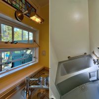 横須賀市秋谷一丁目の賃貸物件/左：二連横滑り出しの木製窓｜右：浴室はとってもシンプル