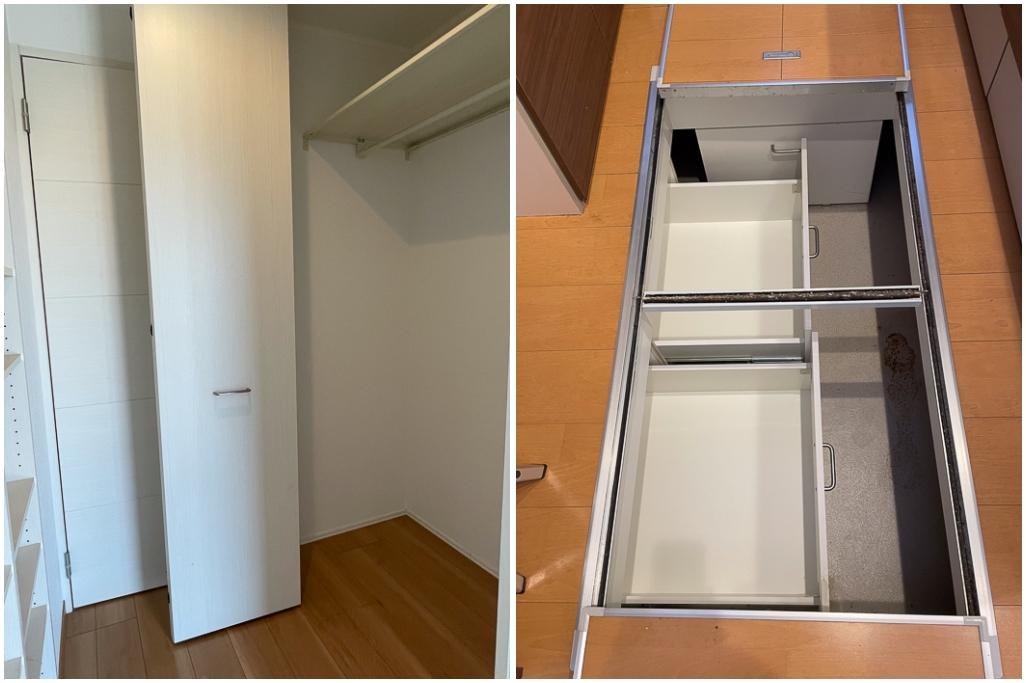 横浜市青葉区新石川一丁目の賃貸物件/左：洋室のクローゼット　右：キッチンの床下収納庫