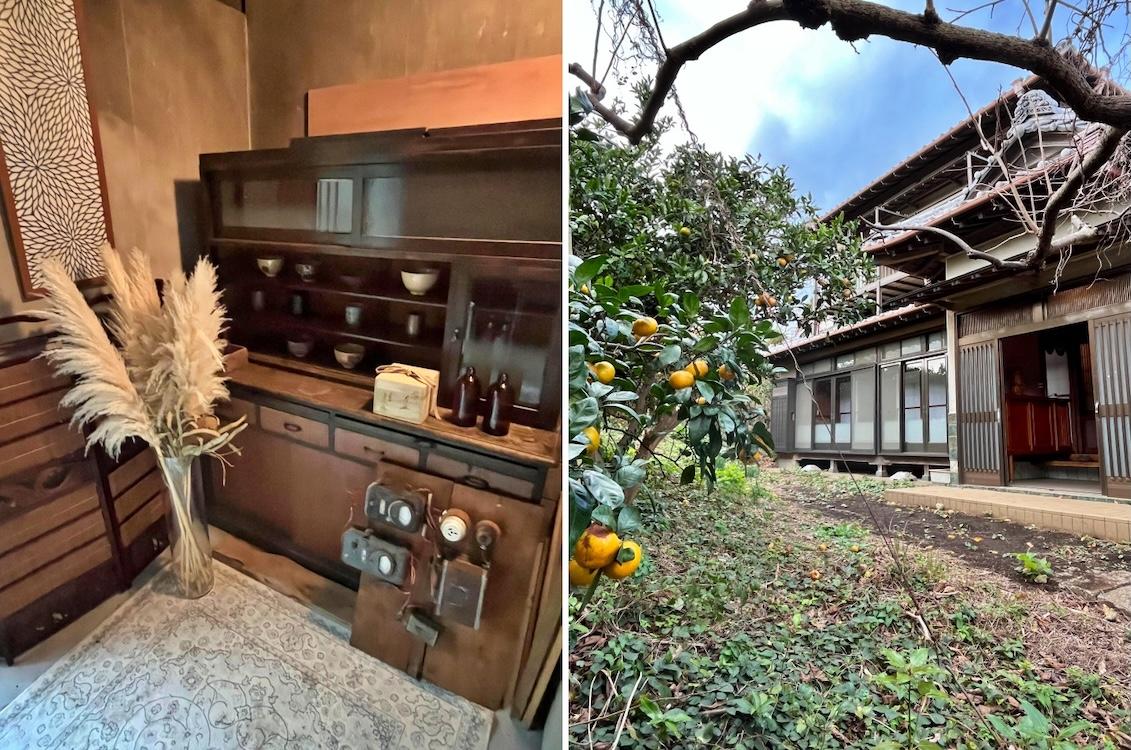 三浦市初声町和田の売買物件/左：勝手口に置かれたインテリア｜右：みかんと玄関