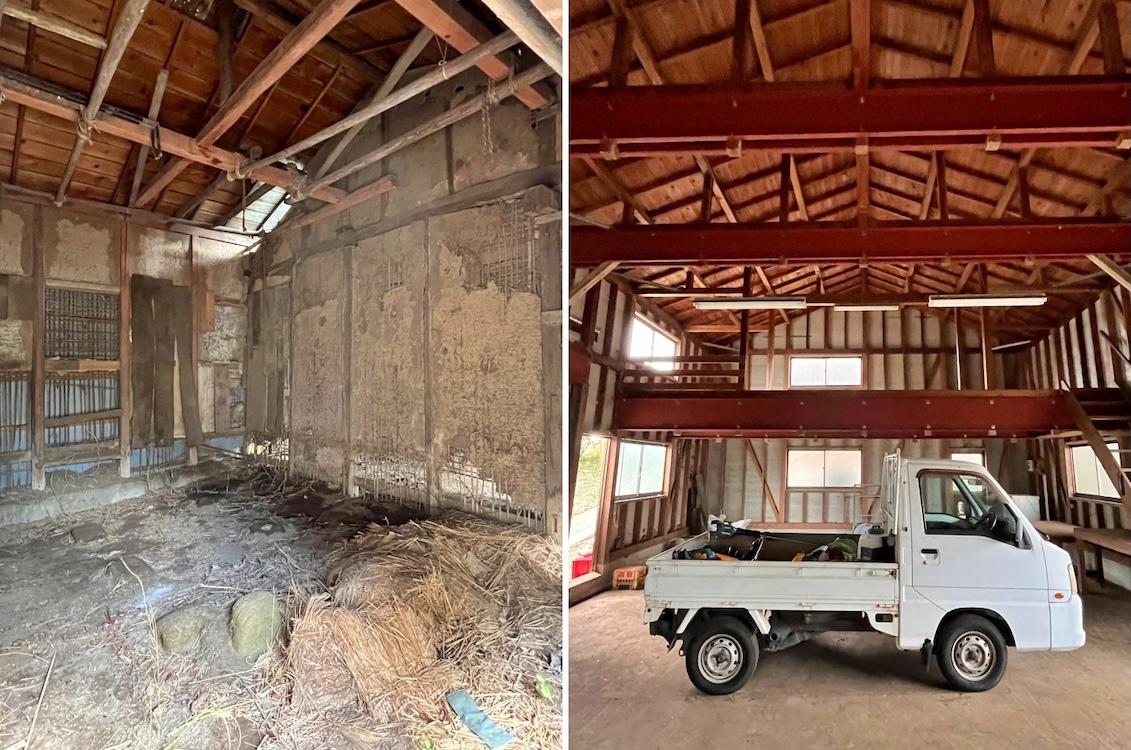 三浦市初声町和田の売買物件/左：納屋の内部｜右：作業小屋の内部には軽トラがすっぽり