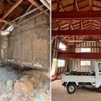 三浦市初声町和田の売買物件/左：納屋の内部｜右：作業小屋の内部には軽トラがすっぽり