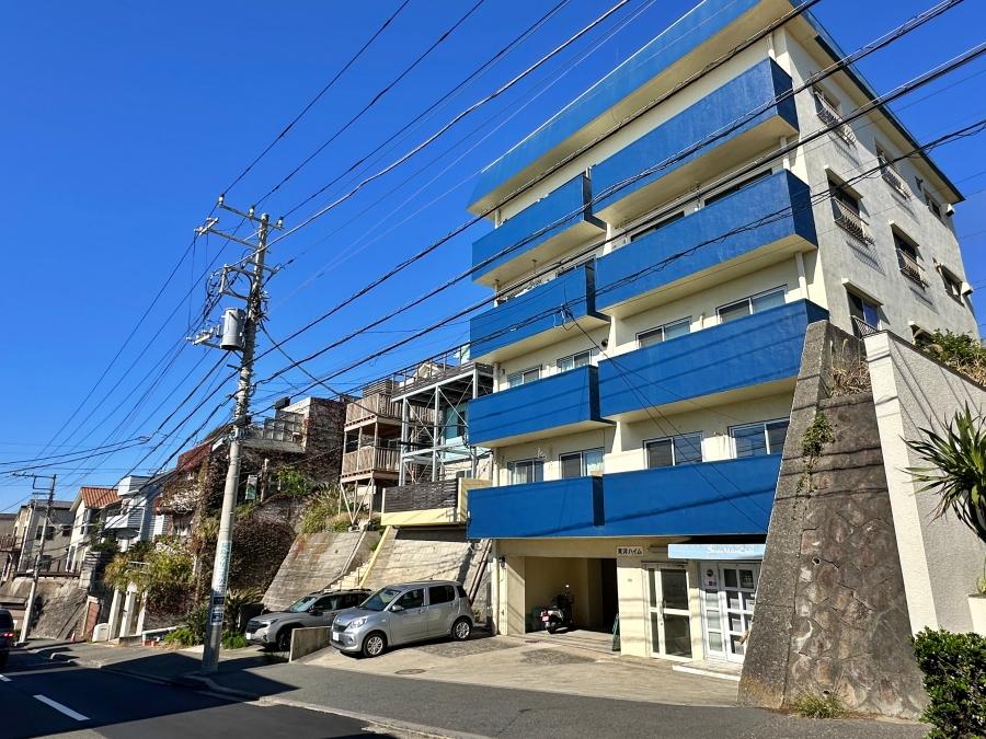 鎌倉市七里ガ浜二丁目の賃貸物件/外観｜青い空と青い外壁、バルコニーからは青い海
