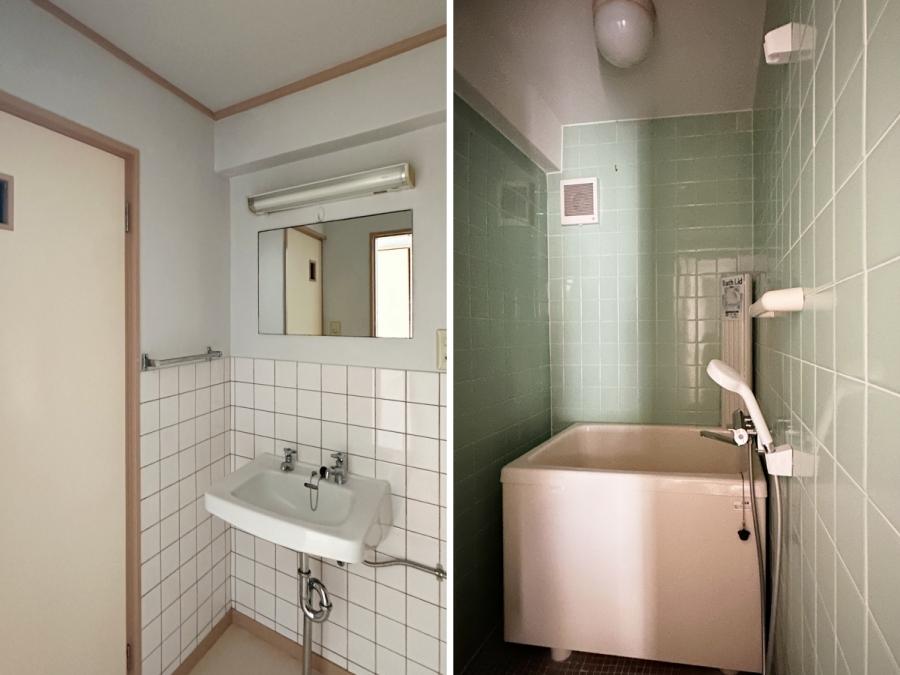 鎌倉市七里ガ浜二丁目の賃貸物件/左：タイル張りの洗面｜右：タイル張りの浴室