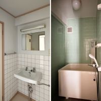 鎌倉市七里ガ浜二丁目の賃貸物件/左：タイル張りの洗面｜右：タイル張りの浴室