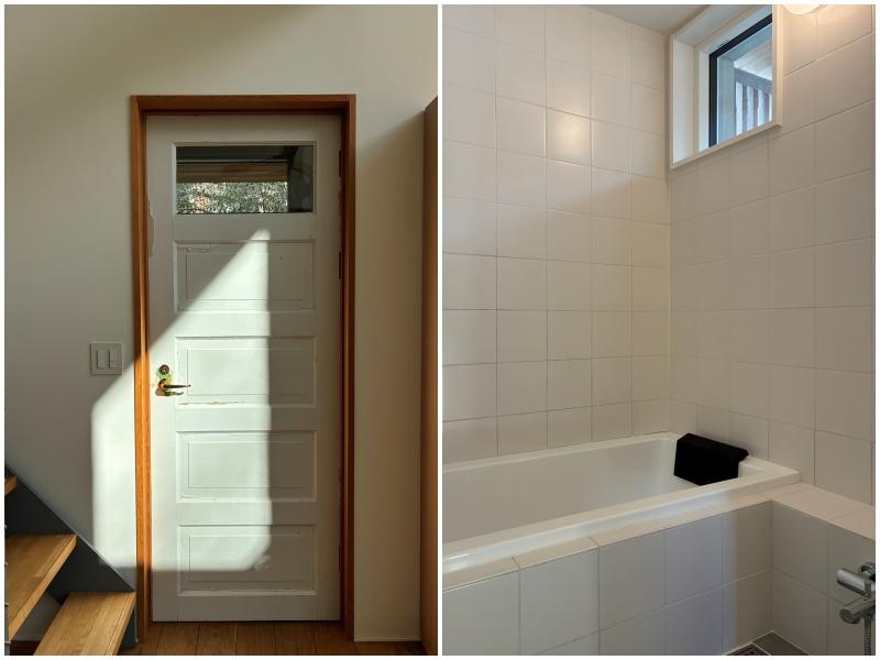 鎌倉市西御門一丁目の賃貸物件/脱衣所のドアはアンティーク。味わいが増しています｜浴室はタイル貼り