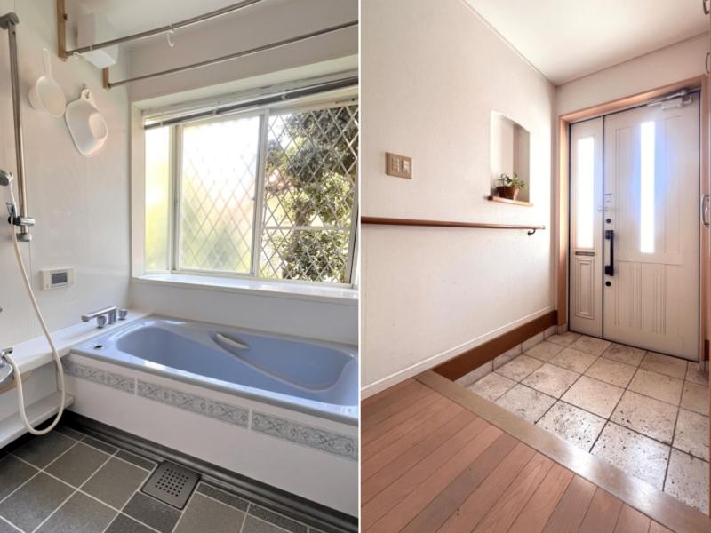 葉山町堀内の売買物件/左：浴室｜右：玄関