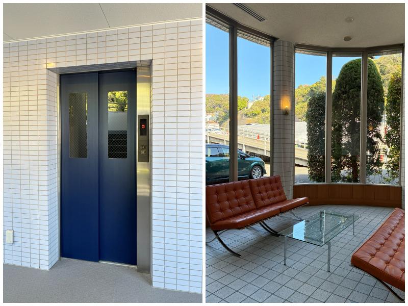 逗子市小坪四丁目の売買物件/左：エレベーター｜右：1階共用ロビー