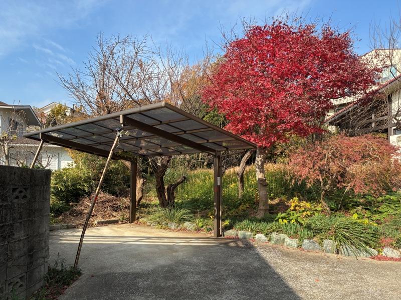 鎌倉市鎌倉山四丁目の売買物件/アプローチ｜屋根付きのカーポート。いたって普通のモノなのに、紅葉した木が背後にあるだけで一枚写真を撮りたくなってしまいました