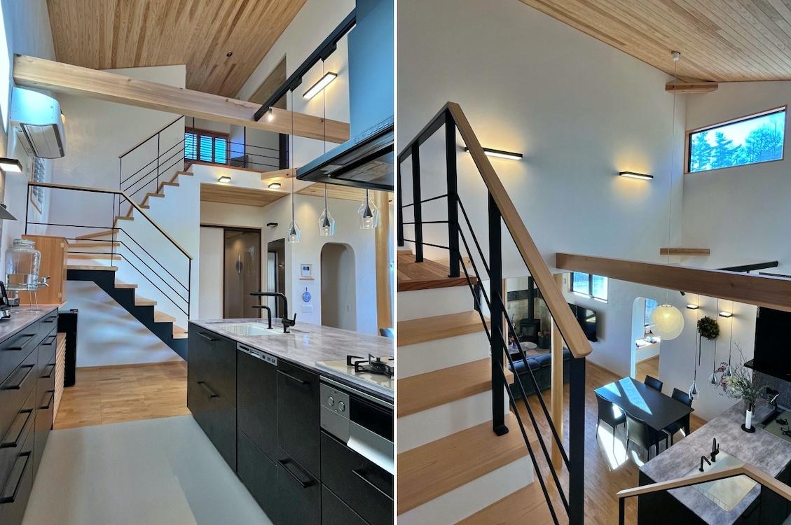 山梨県北杜市高根町の売買物件/左：キッチンと階段、その先にフリースペース｜右：階段から吹き抜けを見る