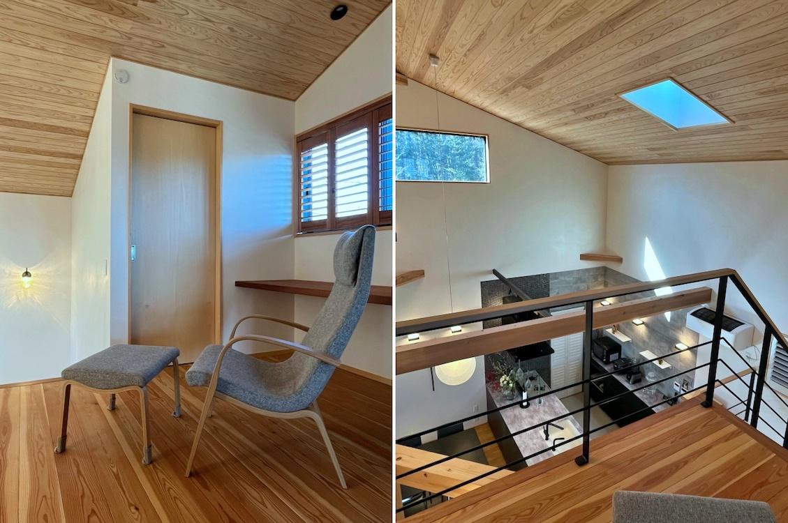 山梨県北杜市高根町の売買物件/左：フリースペース、引き戸の中は収納洗濯室｜右：フリースペースから吹き抜けを見下ろす