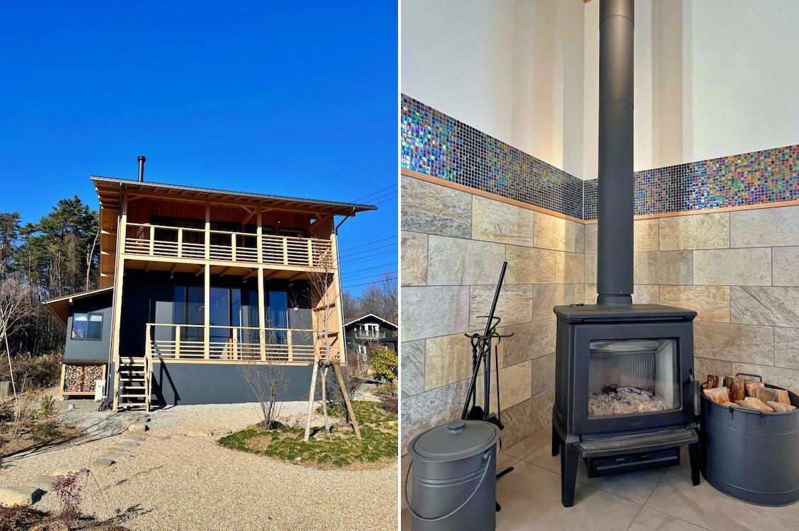 山梨県北杜市高根町の売買物件/左：外観と南庭｜右：スペインhergon（ヘルゴン）社の薪ストーブはスッキリデザイン