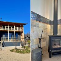 山梨県北杜市高根町の売買物件/左：外観と南庭｜右：スペインhergon（ヘルゴン）社の薪ストーブはスッキリデザイン