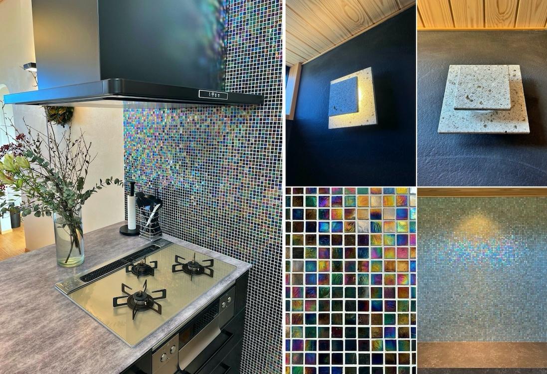 山梨県北杜市高根町の売買物件/左：キッチンガスコンロ脇の壁タイルがきらめく｜右：タイルや照明器具