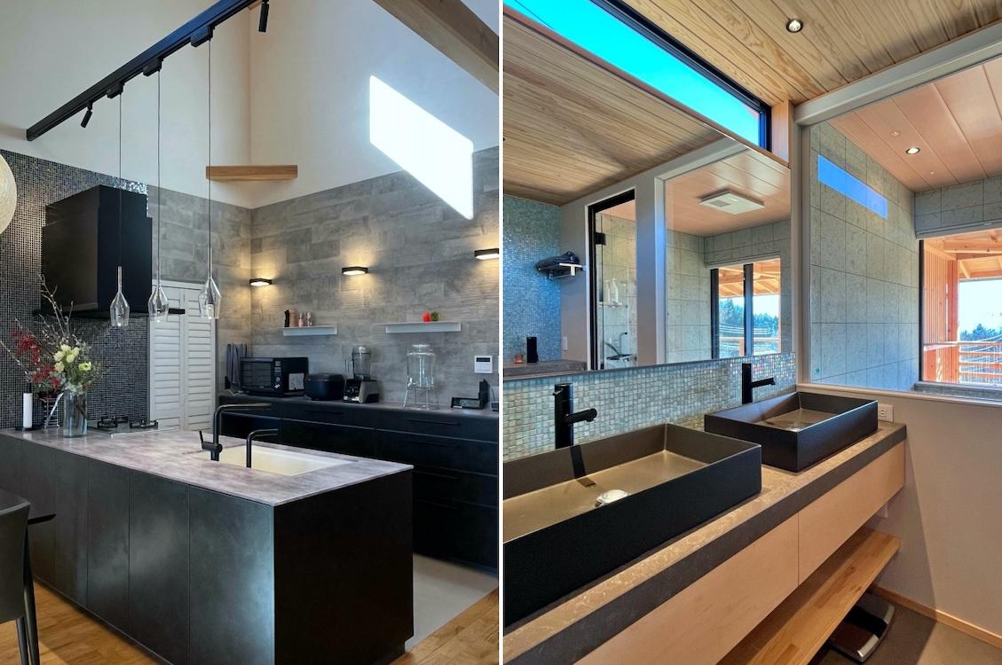 山梨県北杜市高根町の売買物件/左：キッチン全景（縦）｜右：2階洗面脱衣室