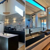 山梨県北杜市高根町の売買物件/左：キッチン全景（縦）｜右：2階洗面脱衣室