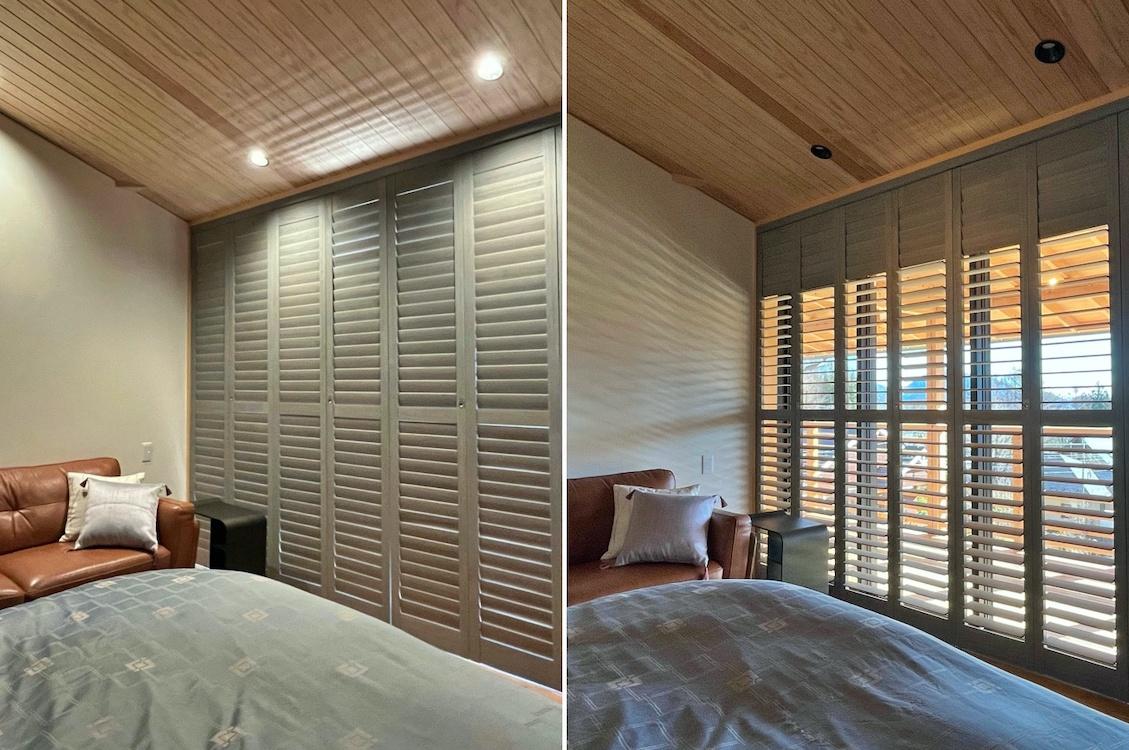 山梨県北杜市高根町の売買物件/寝室のウッドブラインドを閉じたり開いたり