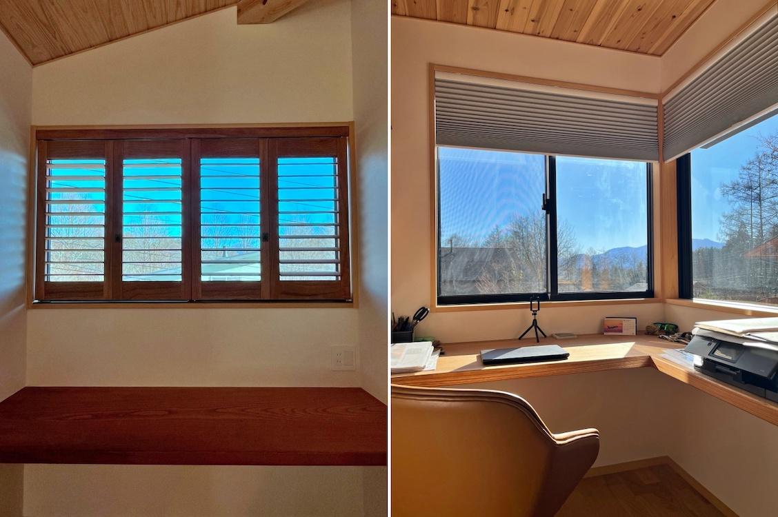山梨県北杜市高根町の売買物件/左：フリースペース｜右：書斎｜どちらも欅（けやき）の天板