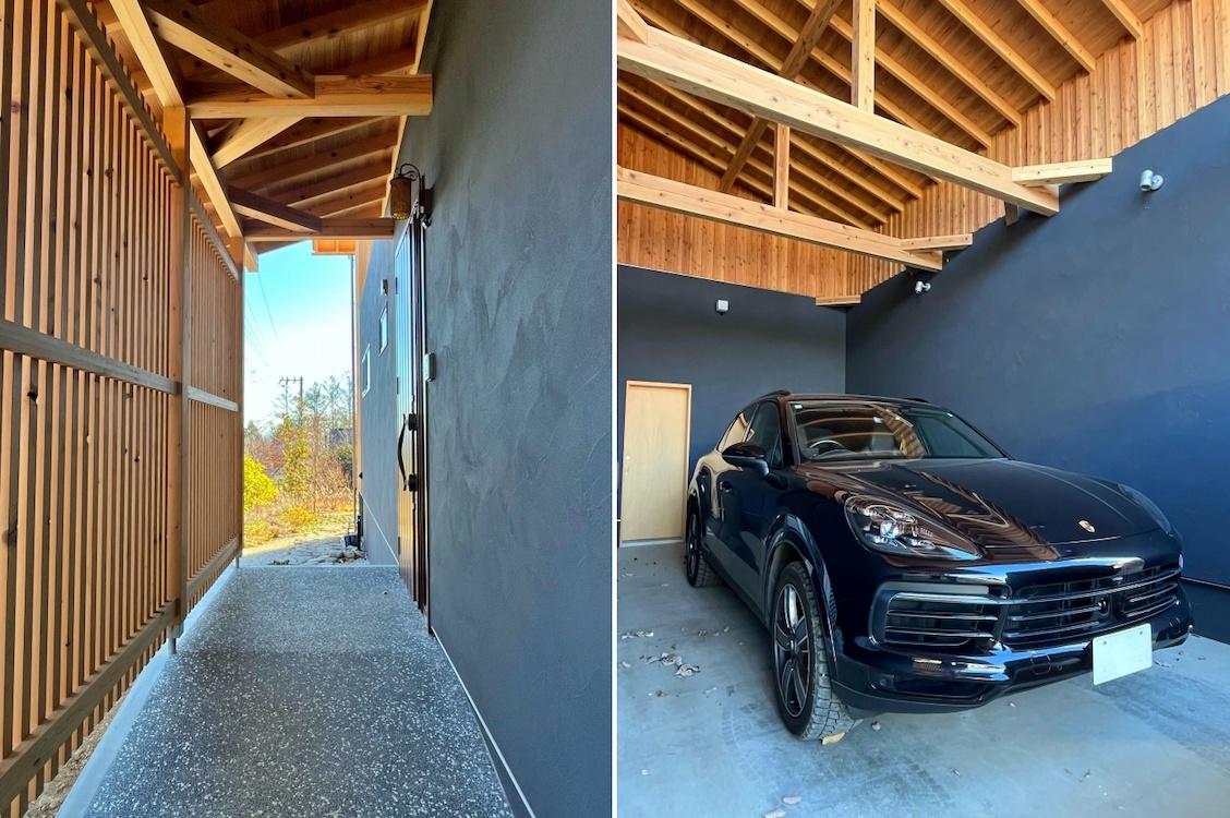 山梨県北杜市高根町の売買物件/左：玄関アプローチ｜右：車庫は天高あり！