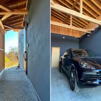 山梨県北杜市高根町の売買物件/左：玄関アプローチ｜右：車庫は天高あり！