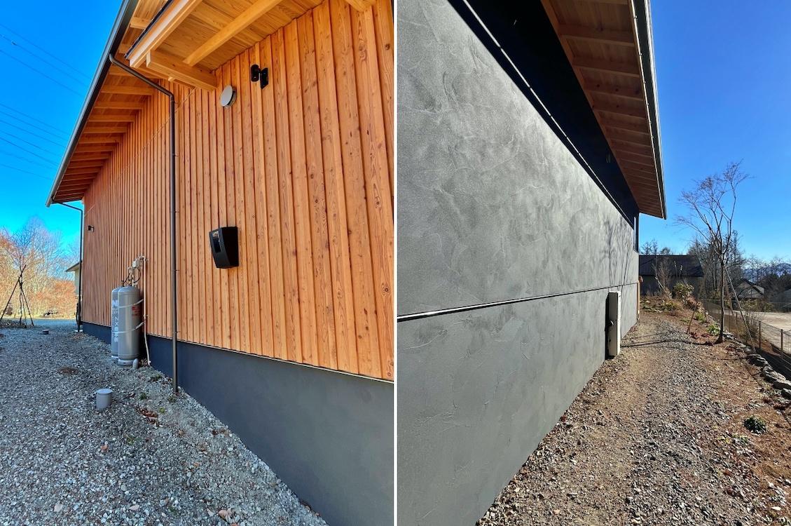 山梨県北杜市高根町の売買物件/左：北側外観｜右：西側外観基礎の化粧まで仕上げが行き届いています