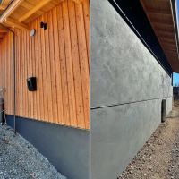 山梨県北杜市高根町の売買物件/左：北側外観｜右：西側外観基礎の化粧まで仕上げが行き届いています