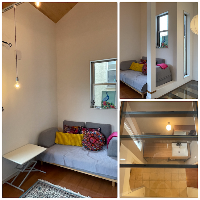 鎌倉市台の売買物件/ソファコーナーの右下はシースルーで洗面所が見える