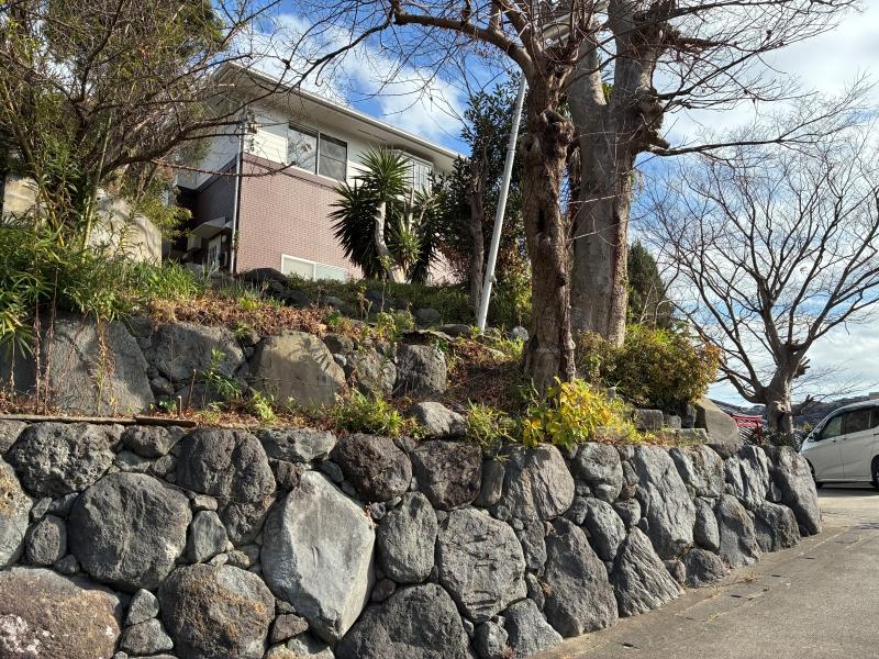 葉山町一色の賃貸物件/外観｜道路から見上げると木々の間に建物が見えます。どこから入ればいいのだろうと最初は迷うはず