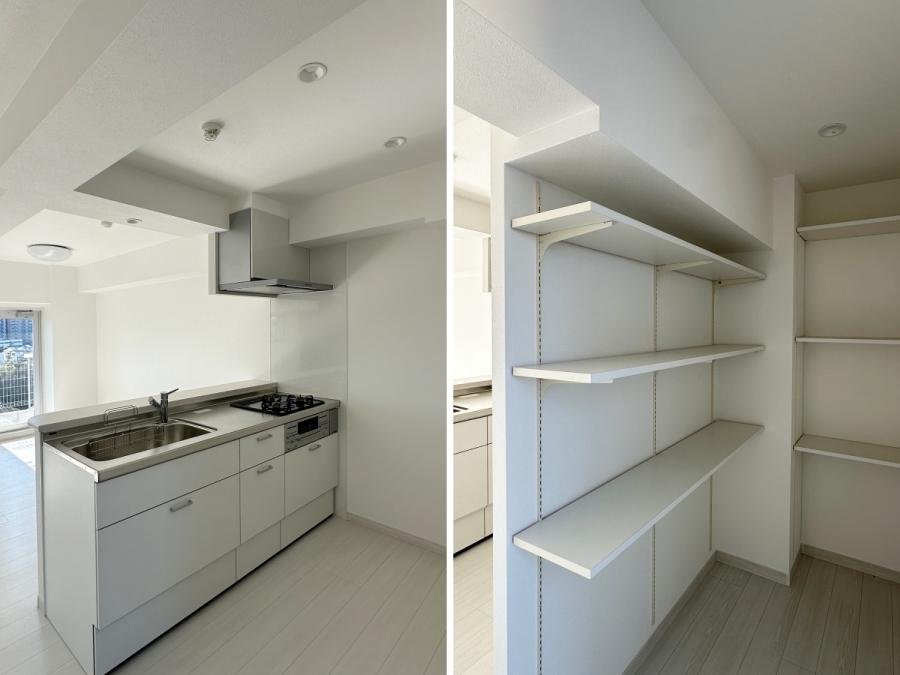 藤沢市善行一丁目の賃貸物件/左：キッチン｜右：パントリー