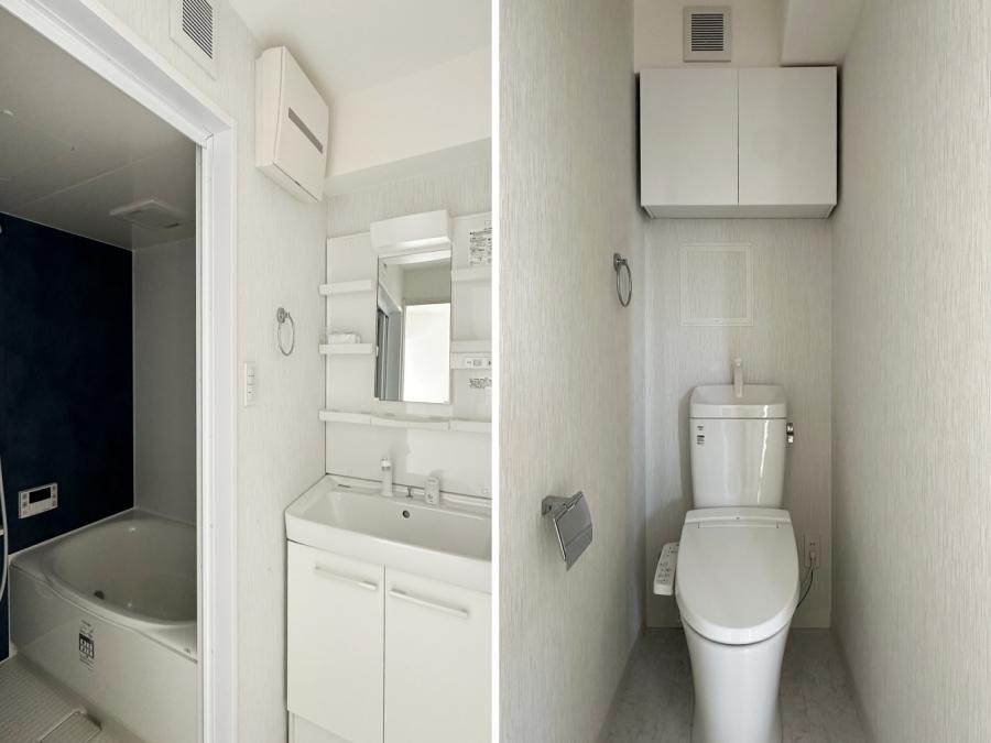 藤沢市善行一丁目の賃貸物件/左：風呂と洗面｜右：トイレ