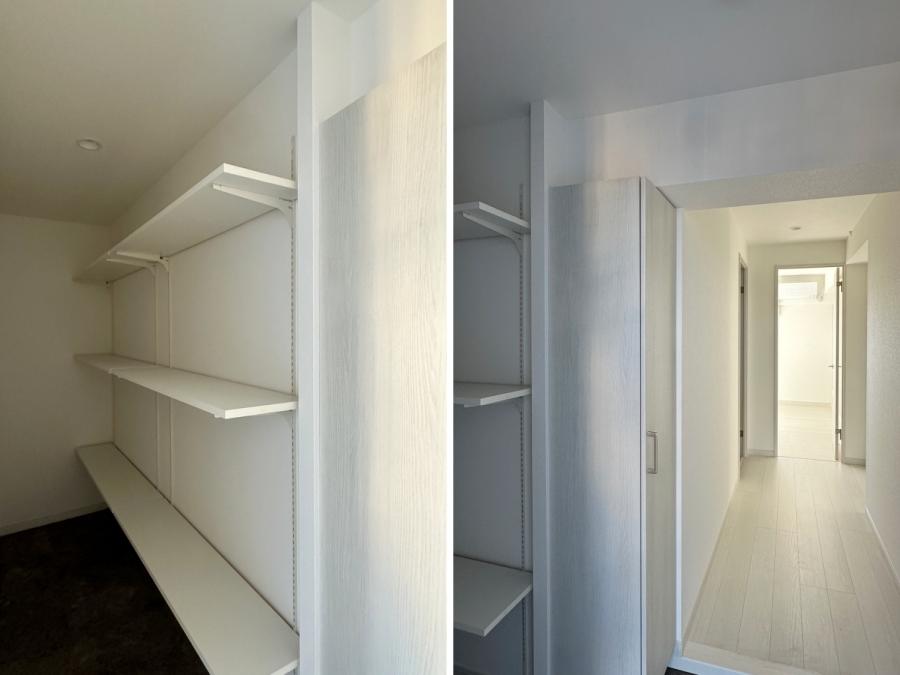 藤沢市善行一丁目の賃貸物件/左：広めのシューズクローゼット｜右：玄関からの廊下