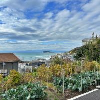 鎌倉市稲村ガ崎一丁目の賃貸物件/駐車スペースからの眺望｜正面に江ノ島。雲がなければ江ノ島の右上あたりに富士山が望めます