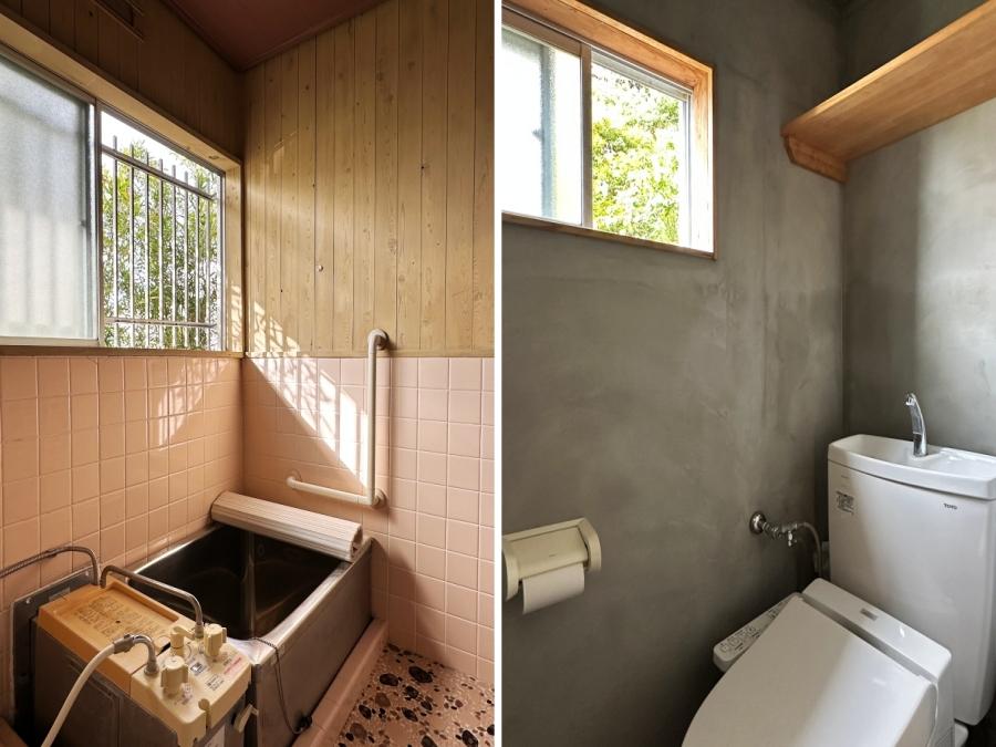 鎌倉市稲村ガ崎一丁目の賃貸物件/左：風呂はバランス釜｜右：トイレの壁もモルタル