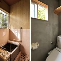 鎌倉市稲村ガ崎一丁目の賃貸物件/左：風呂はバランス釜｜右：トイレの壁もモルタル