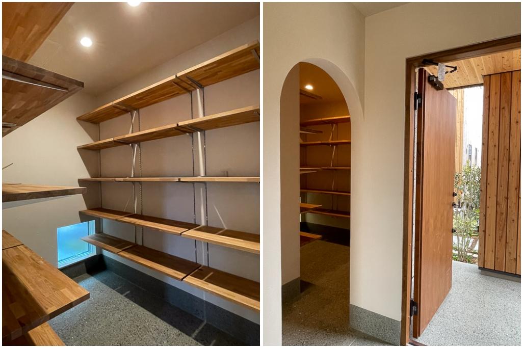 鎌倉市梶原二丁目の売買物件/玄関横のアーチをくぐると土間の収納庫。広いです