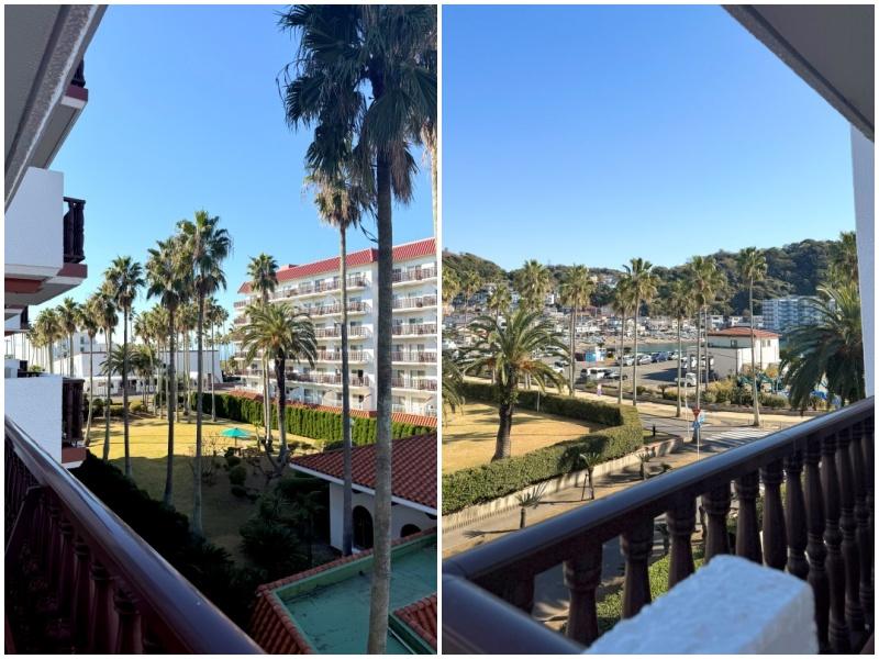 逗子市小坪五丁目の売買物件/バルコニーからの景色。北西(左)からは4-5号棟の中庭が、北東(右)からは小坪漁港と海が遠く覗けます。