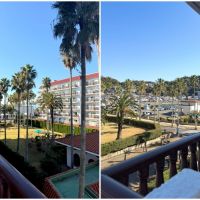 逗子市小坪五丁目の売買物件/バルコニーからの景色。北西(左)からは4-5号棟の中庭が、北東(右)からは小坪漁港と海が遠く覗けます。