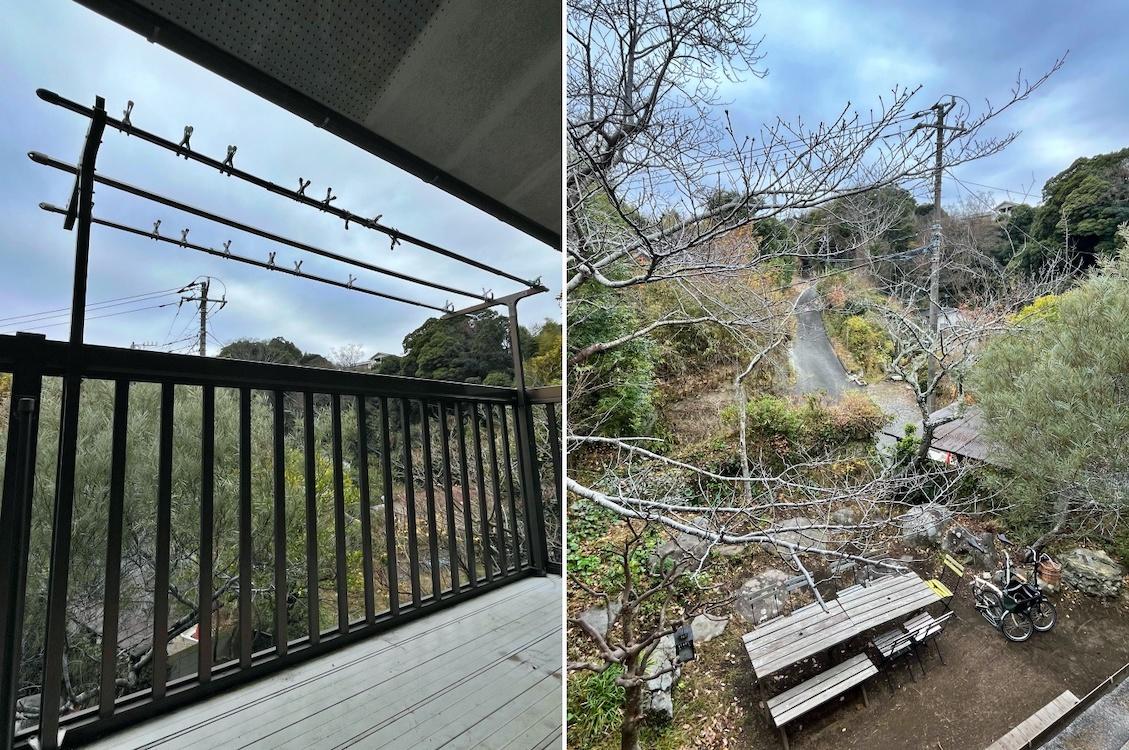 鎌倉市笛田五丁目の売買物件/左：2階のバルコニー｜右：2階から庭を見下ろす（この位置からの桜も良さそう）