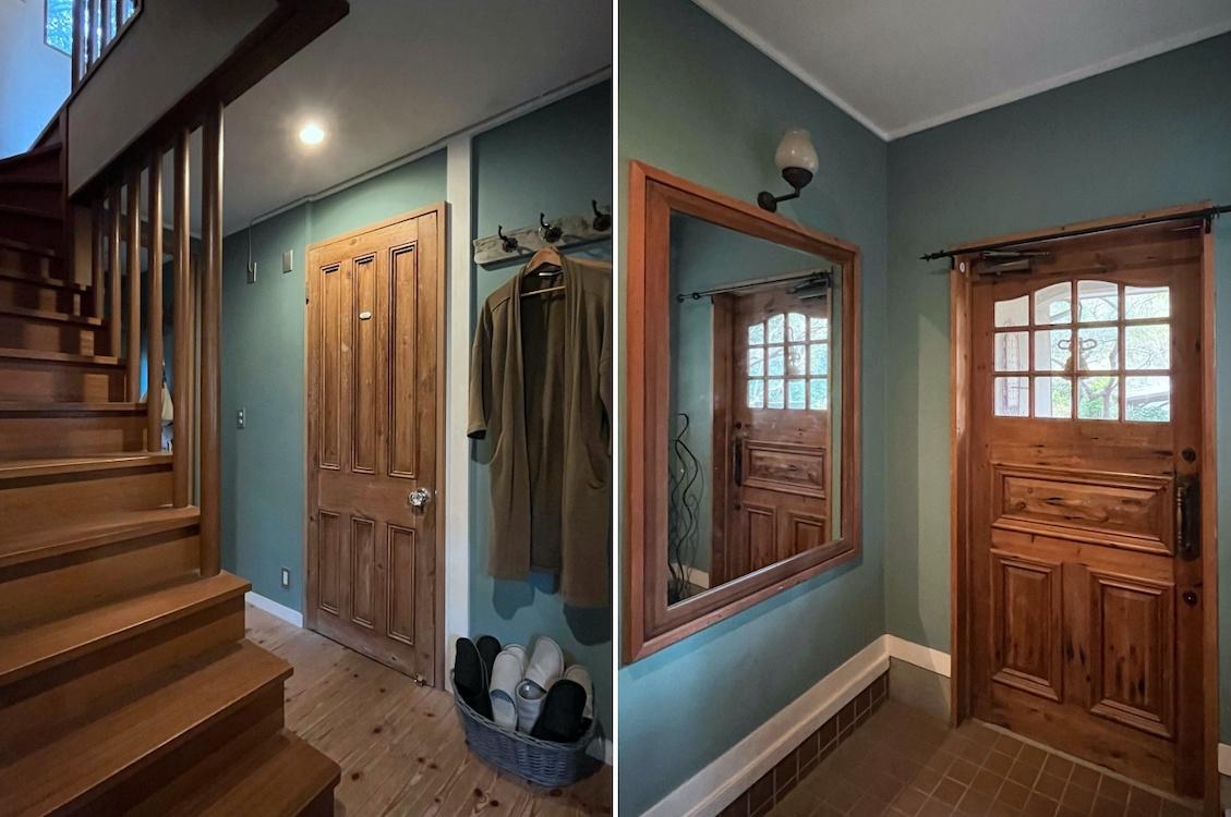 鎌倉市笛田五丁目の売買物件/左：階段室と水まわりへの木扉｜右：玄関もいいがその脇の額縁が立派な鏡もいい！