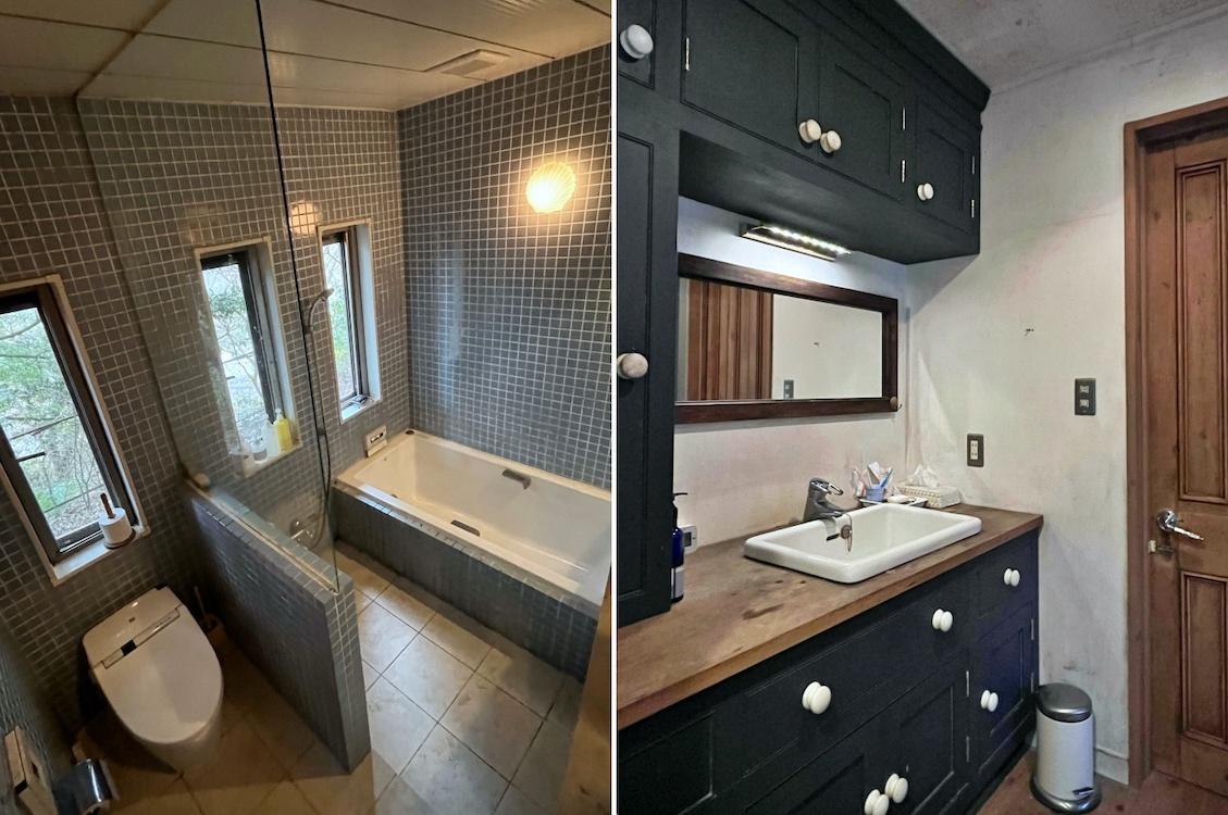 鎌倉市笛田五丁目の売買物件/左：憧れのバスルームはタイルとガラス壁、スリット窓が秀逸｜右：洗面台もニクい。取手がかわいい。