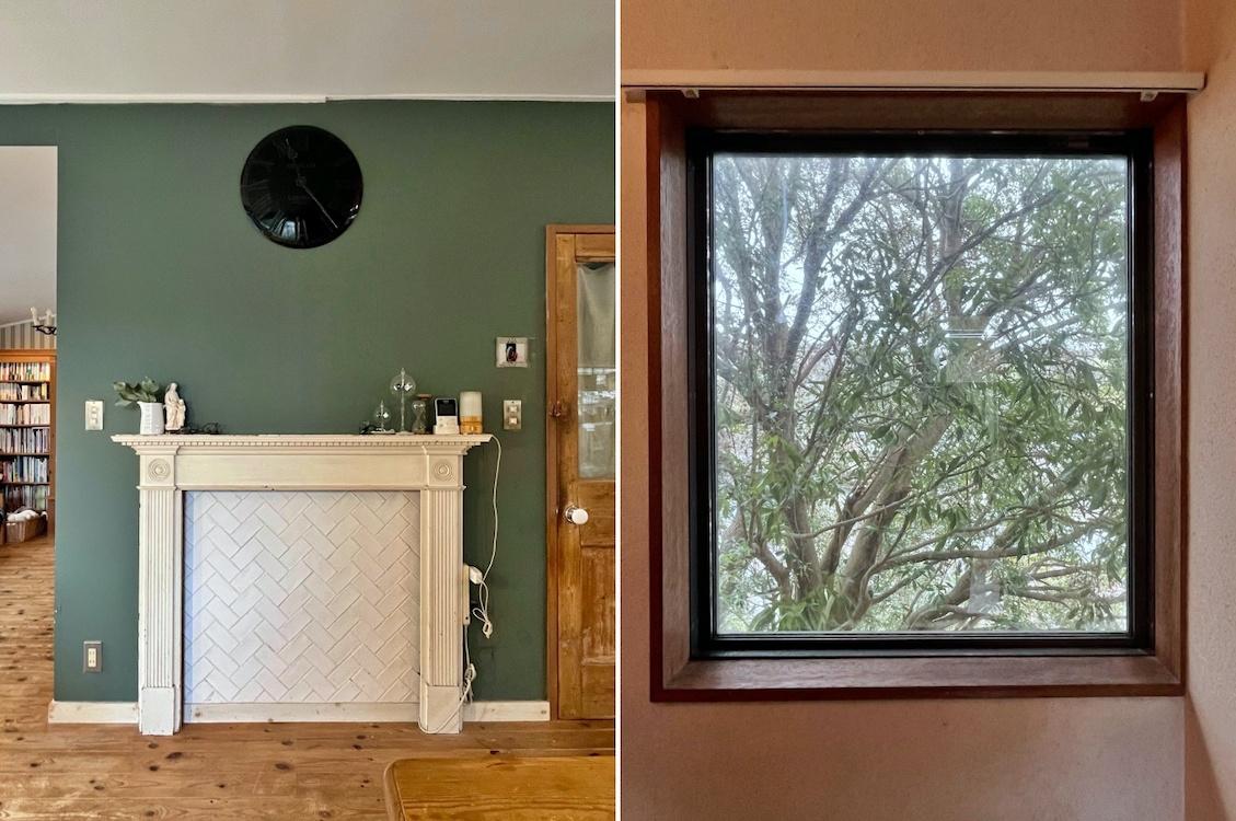 鎌倉市笛田五丁目の売買物件/左：マントルピースによってアンティークテイストが一気に増します｜右：階段下の収納付近の窓。この窓に私は結構グッときました。