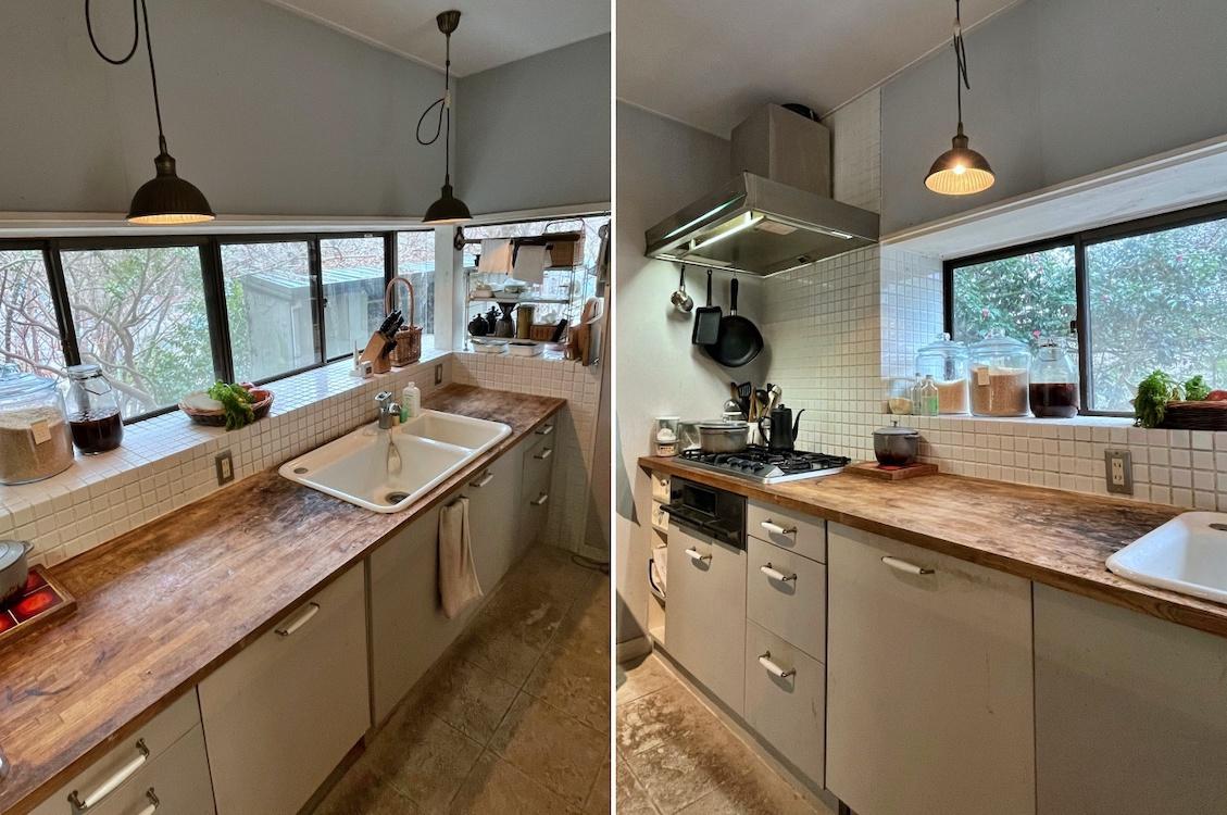 鎌倉市笛田五丁目の売買物件/左：キッチンカウンターと出窓の関係｜右：キッチンガス台方向を見る