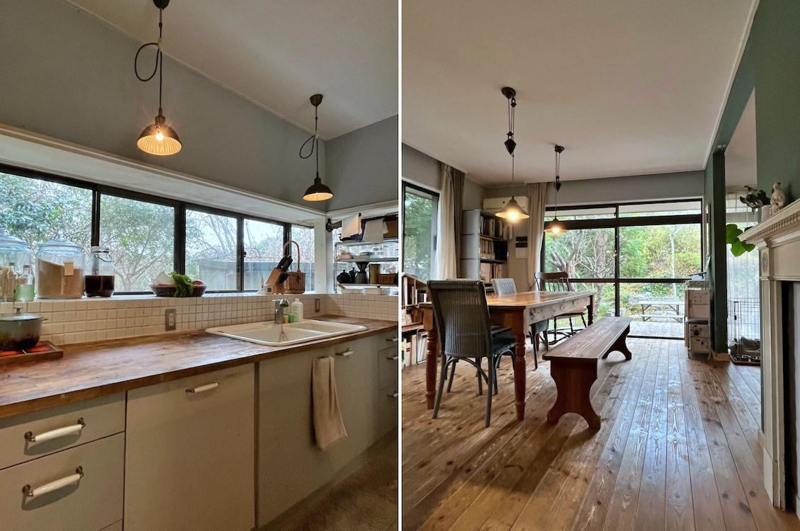 鎌倉市笛田五丁目の売買物件/左：さらにキッチンの造作を見る｜右：ダイニングとマントルピースとの関係もいい