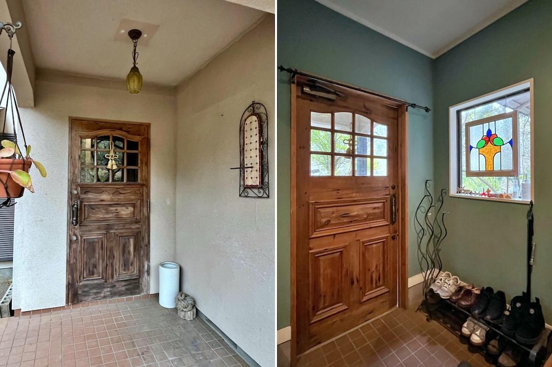 鎌倉市笛田五丁目の売買物件/左：玄関（外）｜右：玄関（内）同じ木製扉も表と裏で表情がちがって見えます