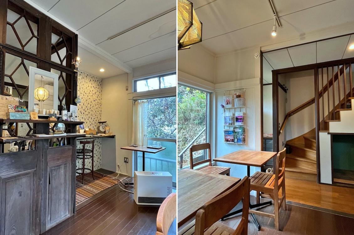 鎌倉市笛田五丁目の売買物件/「はなれ」左：1階のカフェ部分｜右：1階カフェの様子