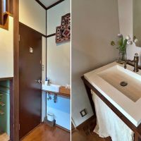 鎌倉市笛田五丁目の売買物件/「はなれ」左：階段まわり｜右：2階に洗面台