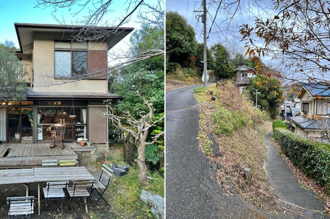 鎌倉市笛田五丁目の売買物件/左：母屋と庭の関係｜右：この斜面の先に見えるのが「はなれ」