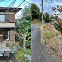 鎌倉市笛田五丁目の売買物件/左：母屋と庭の関係｜右：この斜面の先に見えるのが「はなれ」