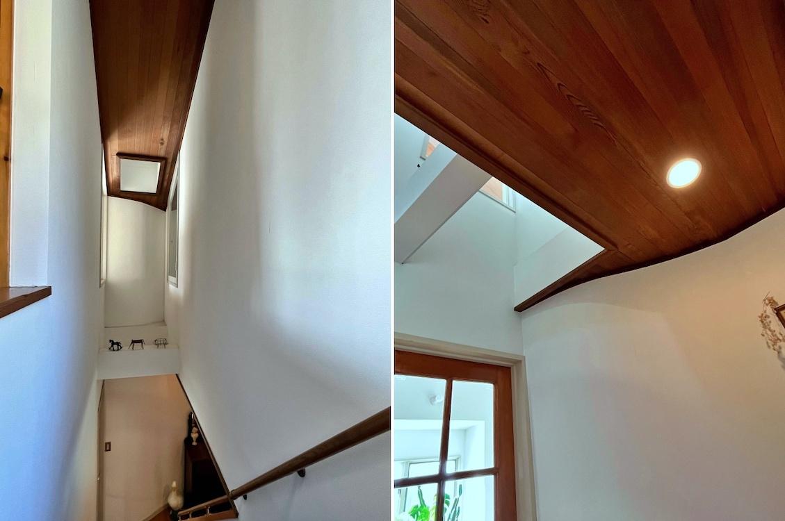 横浜市金沢区六浦二丁目の売買物件/左：階段ホールの2階はギャラリーのような空間｜右：1階の見上げ