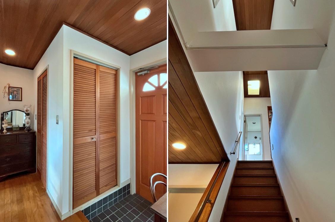 横浜市金沢区六浦二丁目の売買物件/左：玄関まわりは色々な種類の木材が色づいています｜右：階段吹き抜けの見上げ