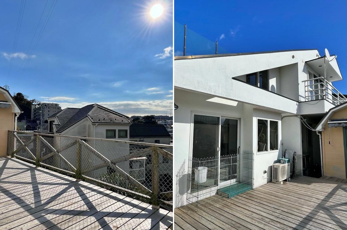 横浜市金沢区六浦二丁目の売買物件/左：デッキからの眺望｜右：デッキから建物を見る